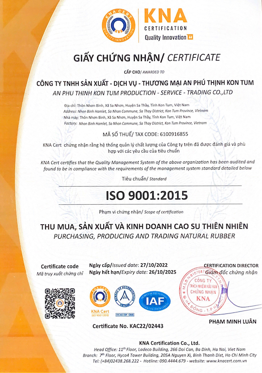 ISO 9001:2015 certificate of APT Rubber