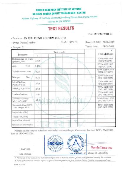 A COA of SVR 3L natural rubber