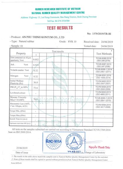 A COA of SVR 10 natural rubber