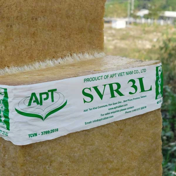 SVR 3L natural rubber bale with APT Rubber label and packaging identification