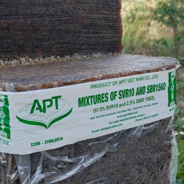 Mixture of SVR 10 natural rubber bales produced by APT Rubber Vietnam with traceable sourcing for EUDR supply chains