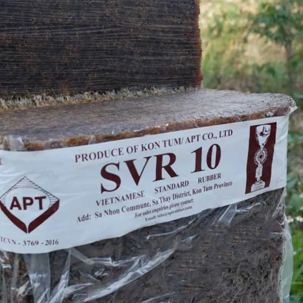 SVR 10 natural rubber bale produced by APT Rubber Vietnam, packaged and labeled for export