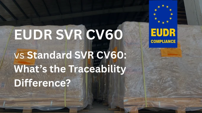Pallets of EUDR-compliant SVR CV60 rubber at APT Rubber warehouse, showcasing full traceability to plantation level.