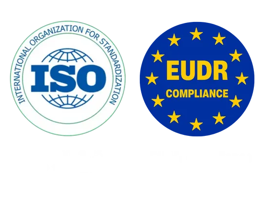 ISO certification and EUDR compliance icons for Vietnam natural rubber manufacturer at APT Rubber.